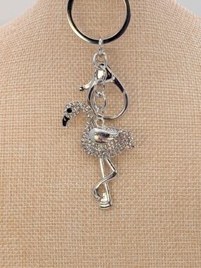 White Rhinestone Metal Flamingo Keychain Bag Charm